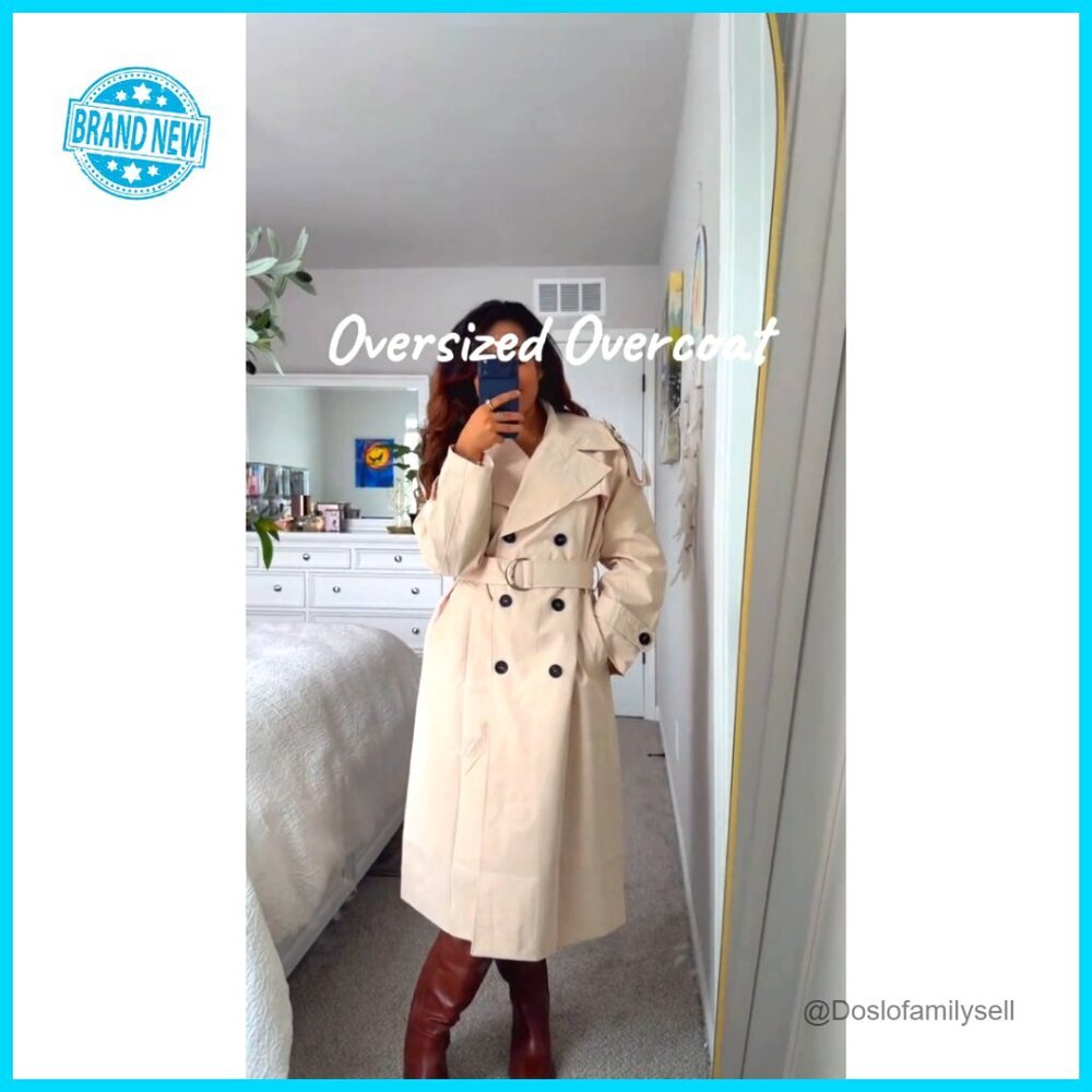 Oversized Double Breasted Trench Coat Classic Elegant Windproof Overcoat with - Picture 7 of 7